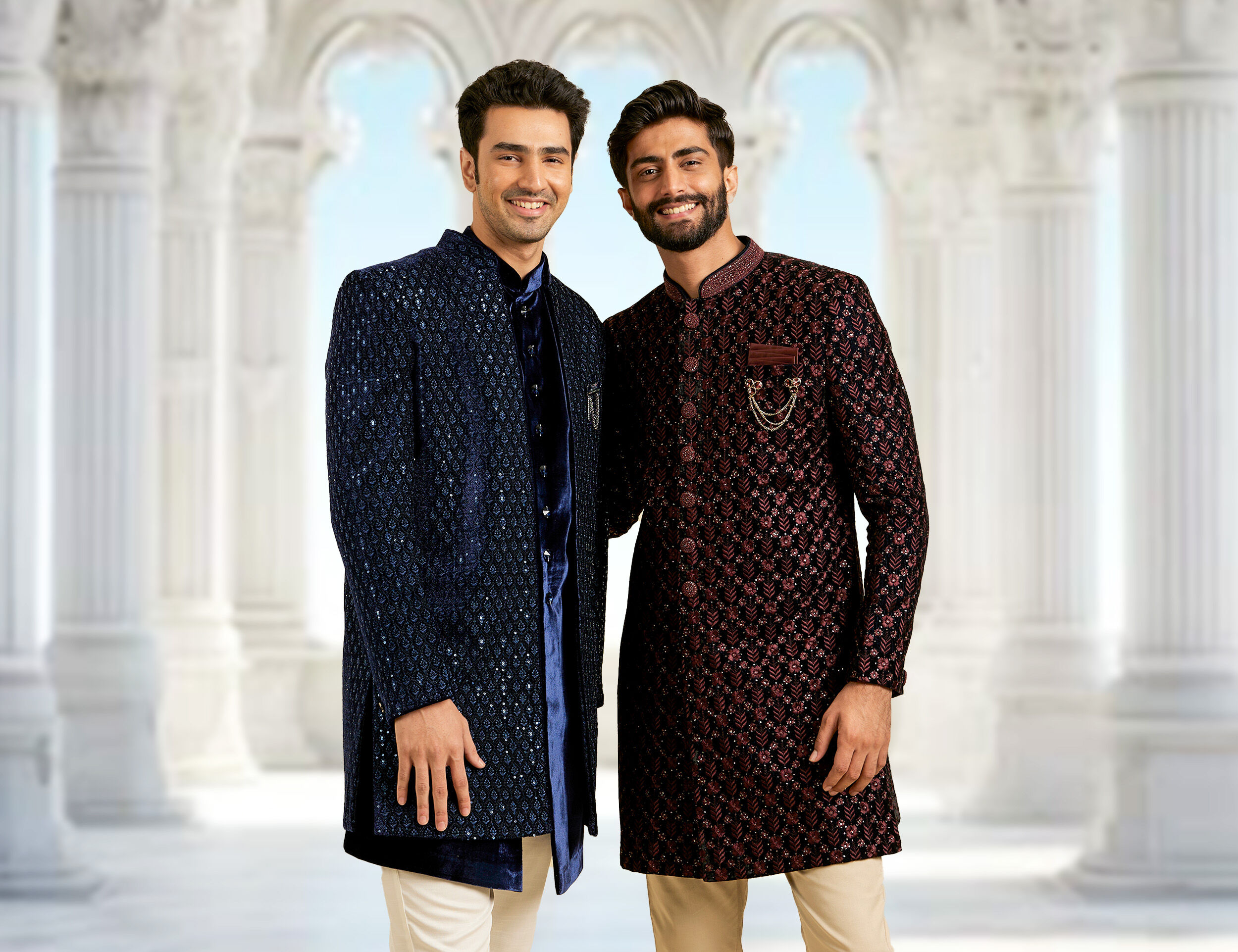 Stylish men in a vibrant multi-colored kurta jacket set, showcasing a trendy twinning wedding outfit
